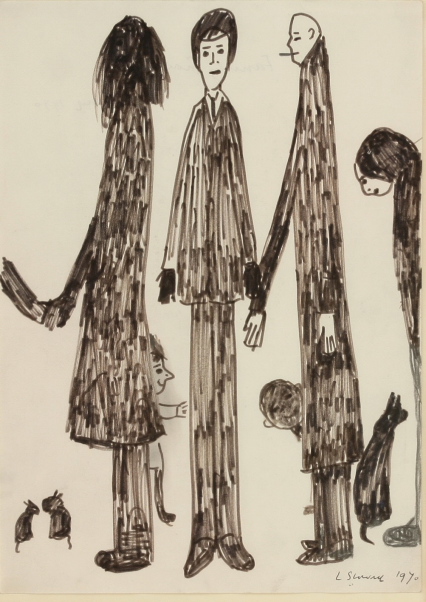 lowry group of figures with animals drawing