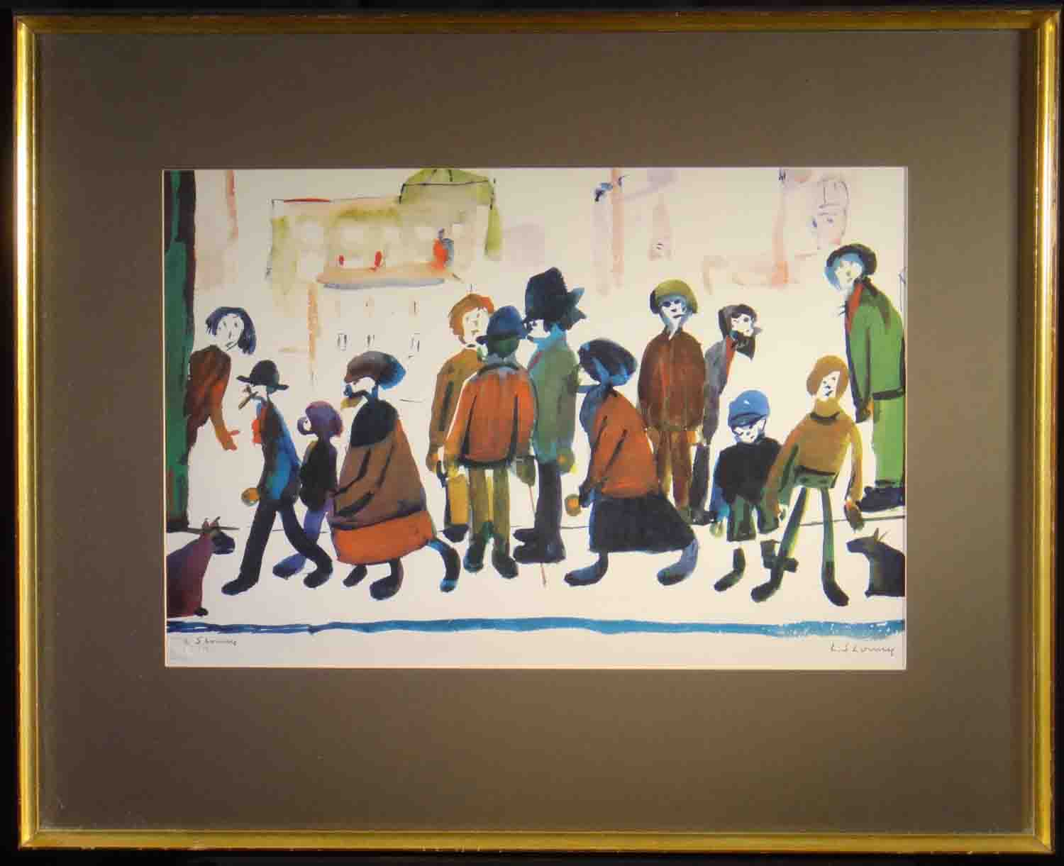 lowry, people standing about, framed, signed print lslowry