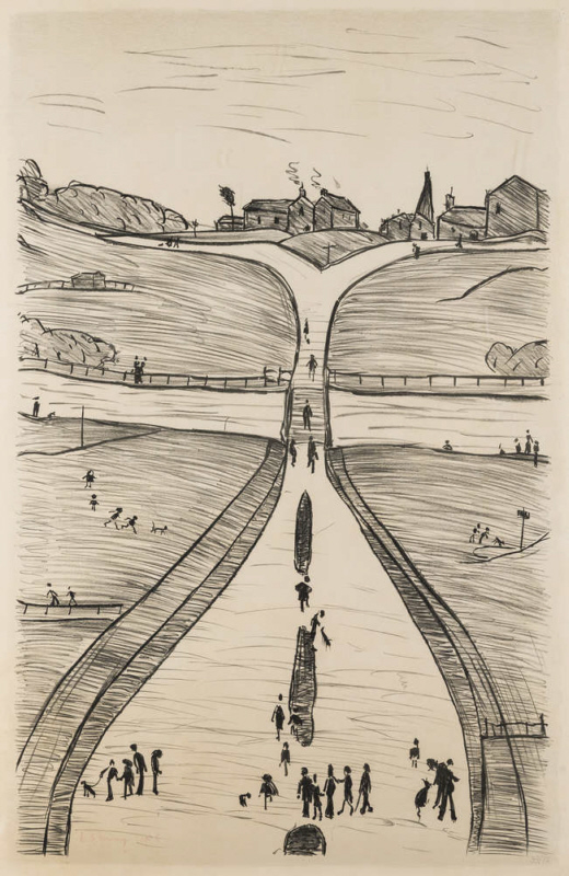 lowry lithograph village on a hill