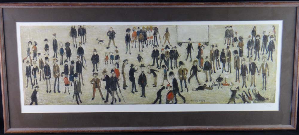 lowry crowd around a cricket sightboard framed