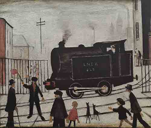 lowry prints, level crossing with train