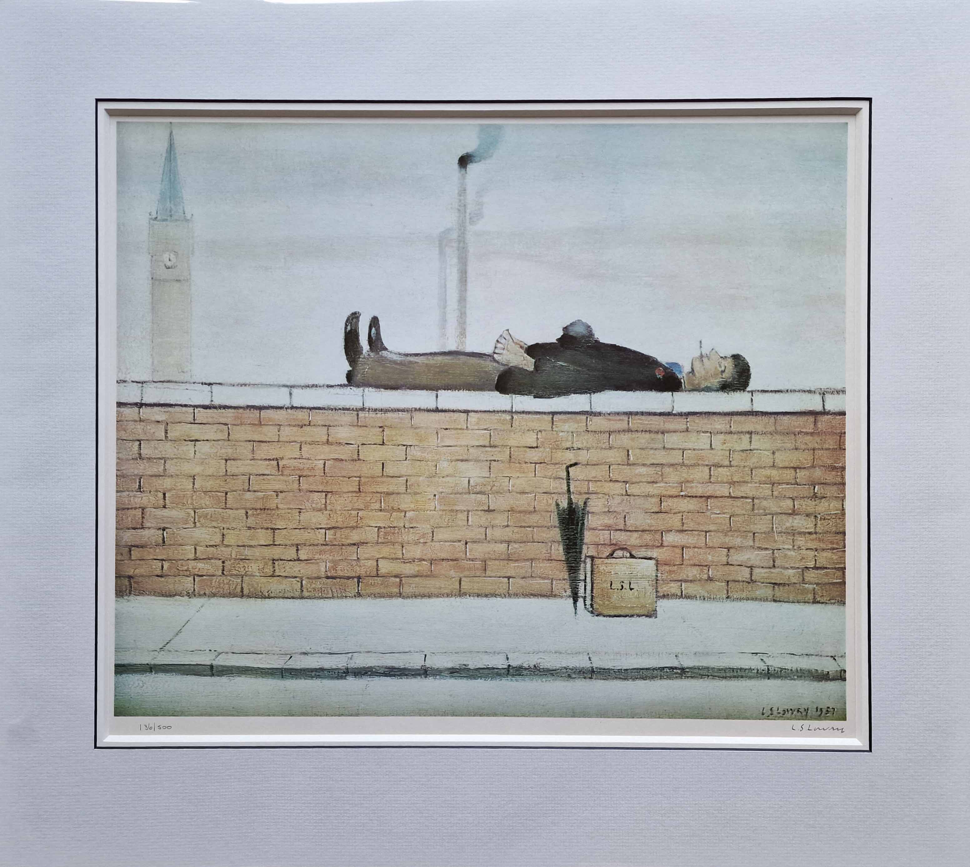 lowry, Man lying on a wall, signed print lslowry
