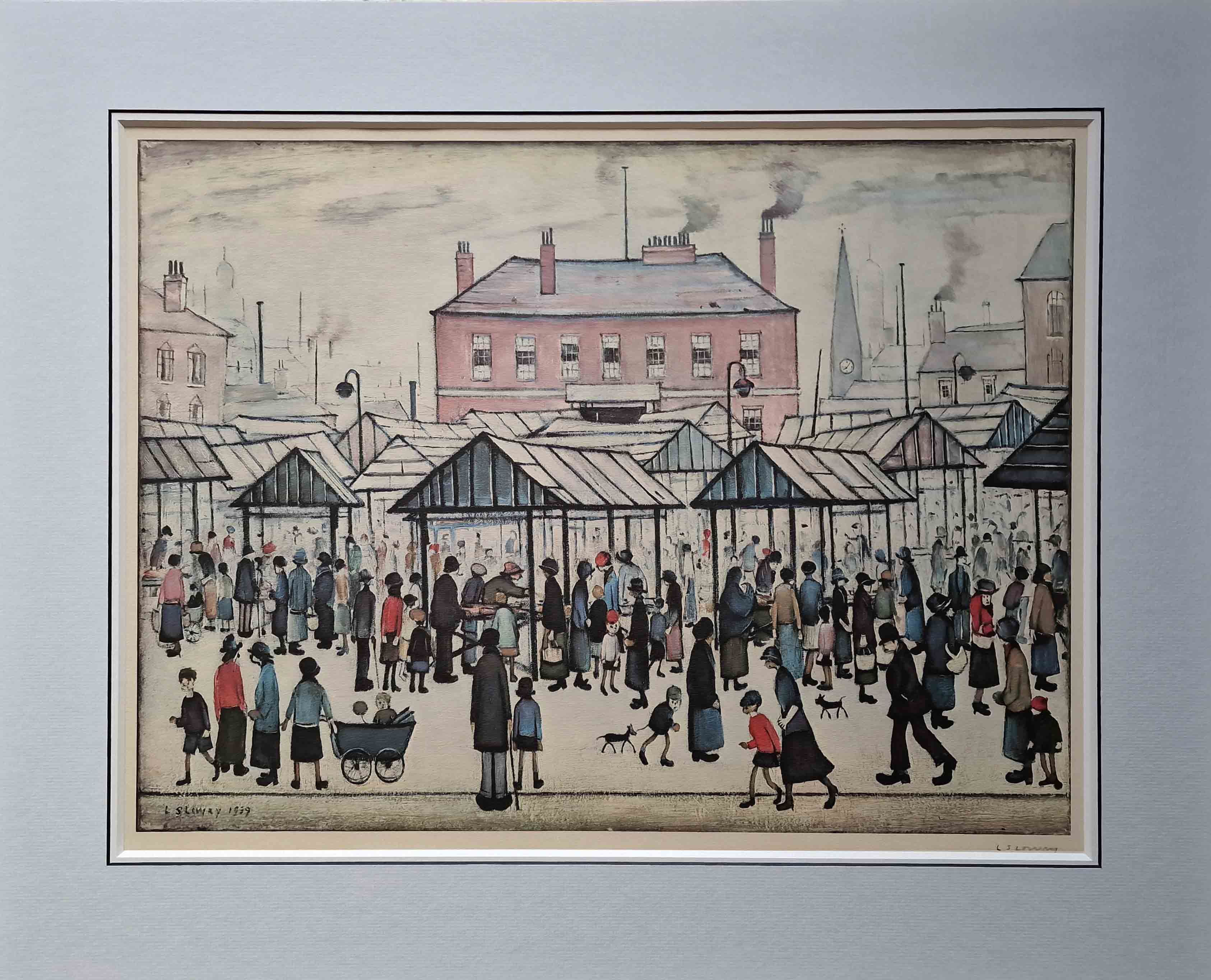 lowry, market scene in a northern town, signed print lslowry