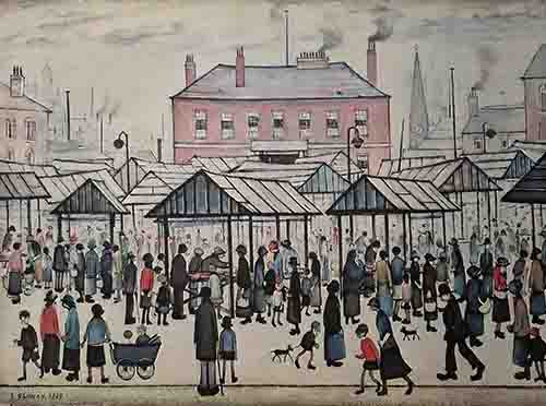 lowry, prints, market scene in a northern town
