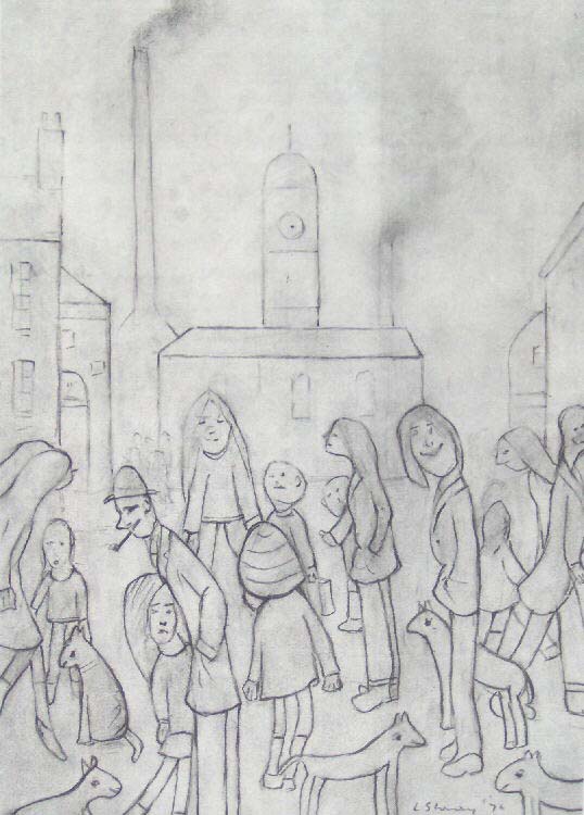 millscene, drawing, lslowry