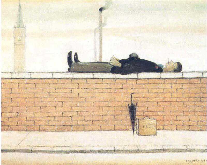 lowry man lying on a wall original painting