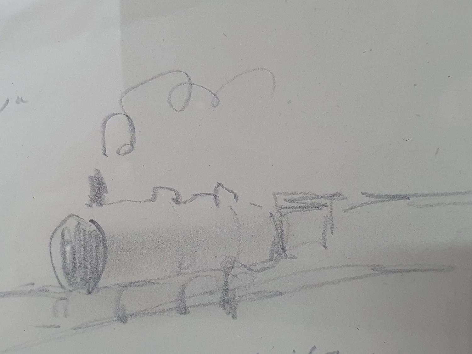 lowry, train, closeup, pencil drawing