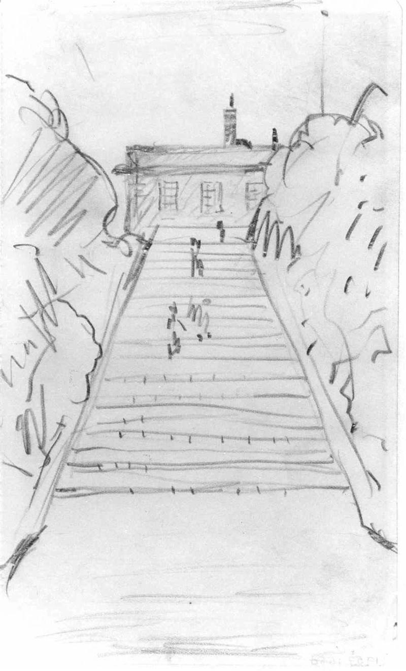lowry, view of steps Peel Park, original drawing