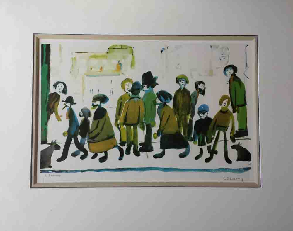 lowry, people standing about, signed print faded