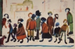 lowry, signed, prints, people standing about