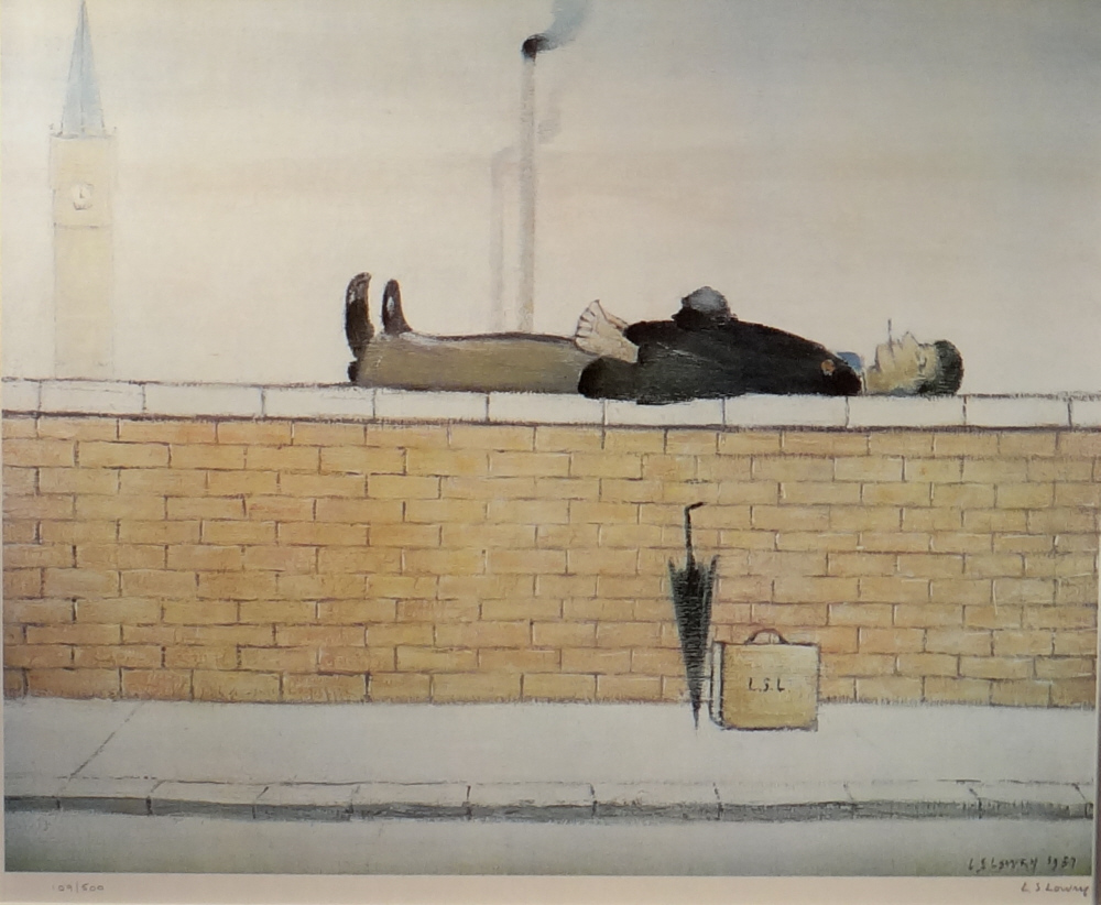 Lowry,man lying on a wall, signed
