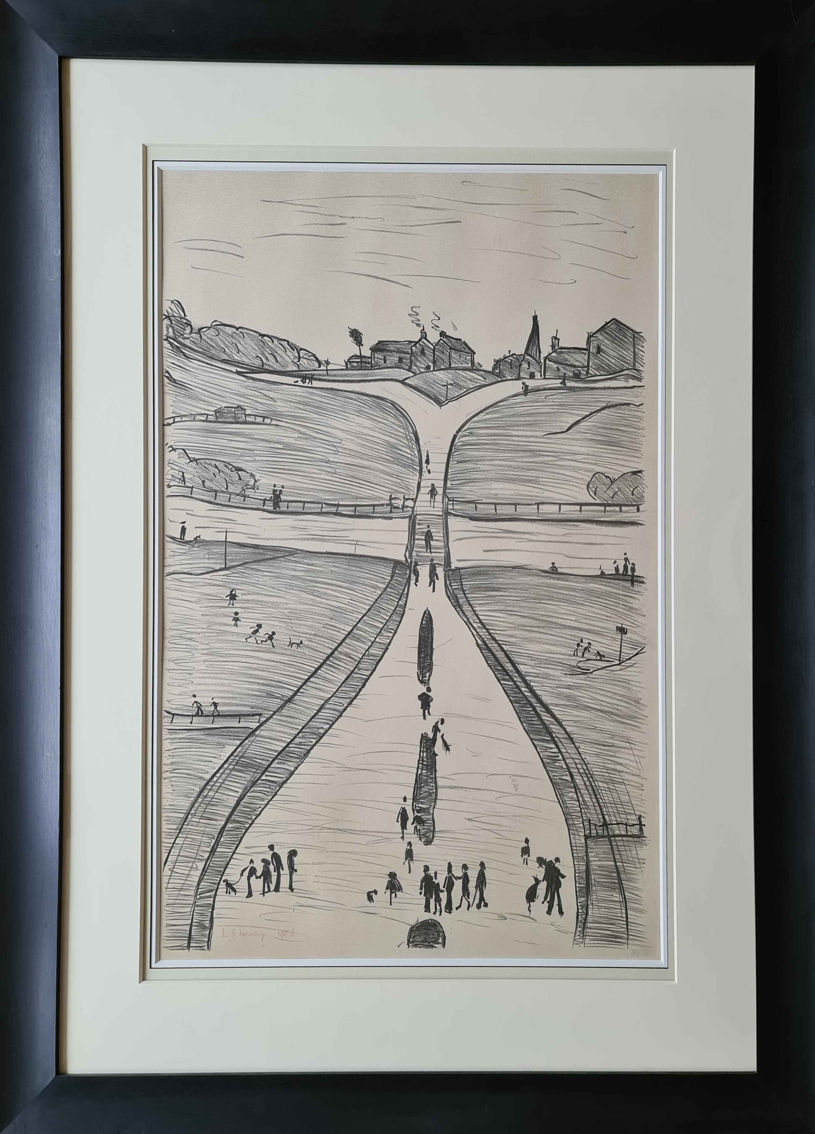 lowry Village on a Hill, signed lithograph, print lslowry