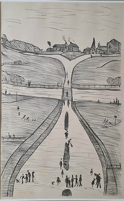 lowry, signed, prints,village on a hill